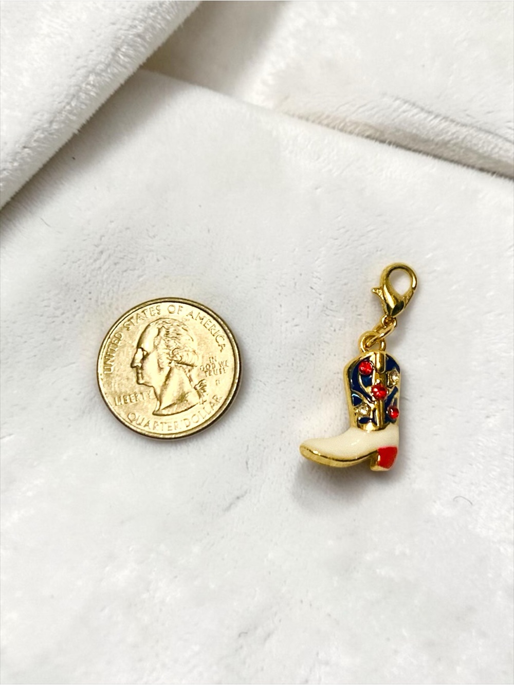 Gold-Tone Cream & Navy Cowboy Boot Key Charm with Red Accents Handmade - Picture 5 of 5